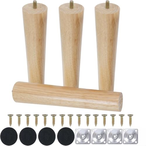 Qodiacl 4 Piezas Patas para Muebles Madera 20cm Patas de Roble para Mesa de Repuesto para Sofá, Cama,Sillón,Gabinete, Mesa de Centro, con Placa de Montaje y Almohadillas de Goma