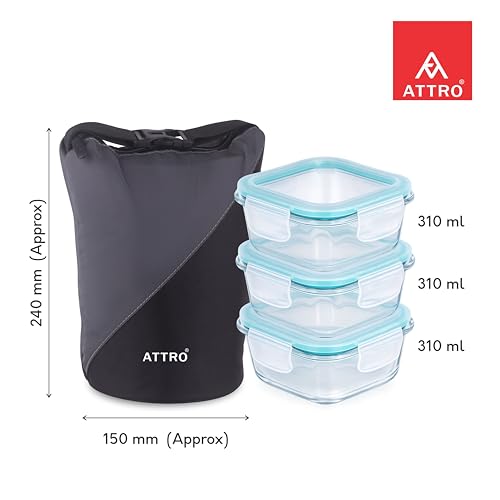 Image of ATTRO Sling Glass Lunch Box Set with Insulated Lunch Bag, 3 x 310ml Airtight Leakproof Containers, Microwave & Freezer Safe Borosilicate Glass Food Storage Containers for Office, School & Travel-Grey