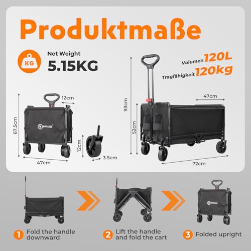 Bollerwagen faltbar 120L Bis 120KG Strandwagen Klappbar mit Regenschutz, Becherhalter, Reflektorstreifen, Faltbarer Bollerwagen Für Hunde, Einkaufen, Camping, Strand, Transport, Outdoor