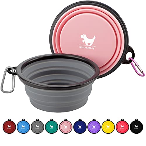 Collapsible Dog Bowls for Travel, 2-Pack Dog Portable Water Bowl for Dogs Cats Pet Foldable Feeding Watering Dish for Traveling Camping with Carabiners, BPA Free (Grey&Pink, Medium (Pack of 2)) by Rest-Eazzzy - Used condition - US$7.46