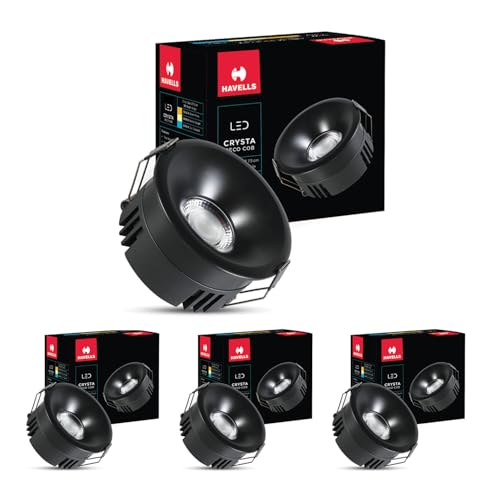 Image of Havells Crysta Deco Cob 18W 3K Matt Black,Led-Spotlights,Energy Efficient,Long Life of 25000 Burning Hours,Beam Angle of 36,Metal Body Cob with Independent Driver,Warm White (3000K) Pack of 4