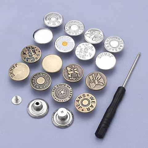 20 Sets Jeans Buttons Replacement, 17 mm and 20 mm, Metal No-Sew Removable Buttons, Repair Kit with Threads, Rivets, Screwdrivers, Storage Box Cover
