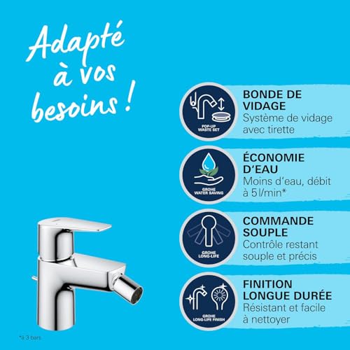 GROHE Mitigeur monocommande Bidet Start Edge, robinet avec tirette de vidage, mousseur économique d'eau, finition brillante et facile à nettoyer, chromé, 23345001 (Import Allemagne) – vue 3