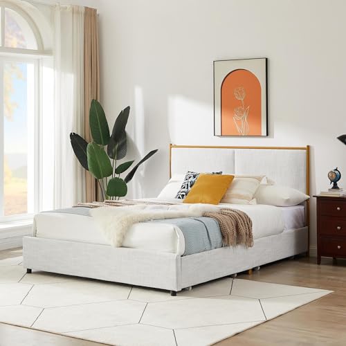 Dolonm Upholstered Full Size Platform Metal Bed Frame with Four Storage Drawers Mattress Foundation with Wooden Slats Support, Gray Linen Sponge Soft Bag Platform Bed