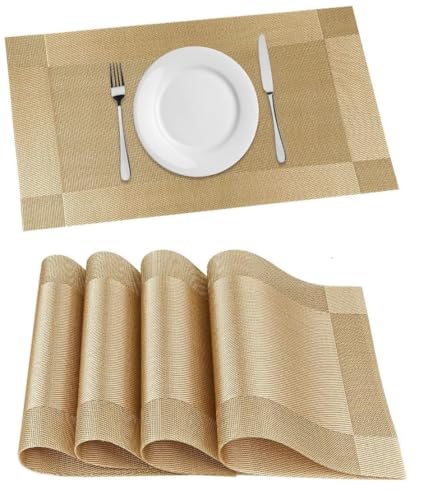Image of Heat Resistant Table Placemats Set of 4 | Washable Dining Table Mats for Kitchen & Home Decor | Non-Slip, Waterproof, Easy to Clean PVC Woven Placemats for Dining Table (Golden Beige)