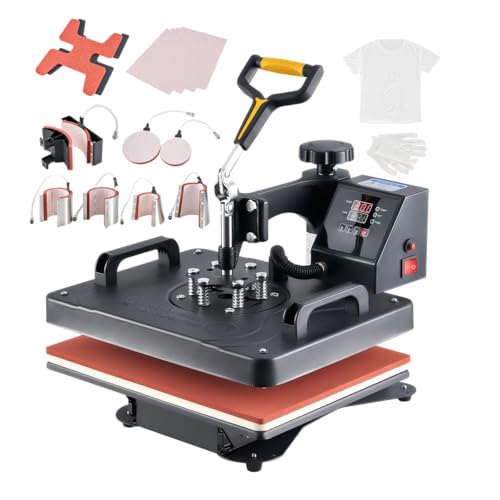CREWORKS Heat Press Machine, 30x38cm 9 in 1 Swing Away Shirt Printing Machine with Digital Control Panel, Multipurpose Heat Transfer Machine with Dual Heating Tubes for Plate Mug Cap Hat Shoes