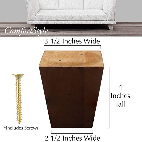 ComfortStyle Legs for Furniture, Sofa Ottoman and Chair 4\" Wood Feet Replacement, Set of 4 Square Tapered Pyramid Feet (Walnut) - Thumbnail 5