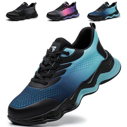 Safety Trainers Mens Womens Steel Toe Cap Trainers Lightweight Safety Shoes Comfortable Breathable Work Shoes, Blue, 9 UK