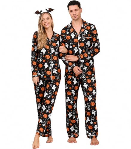 Couples Christmas Pajamas Set, button-down shirt & drawstring pants