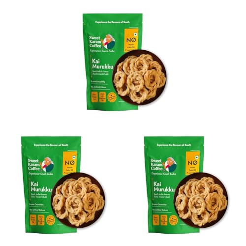 Image of Sweet Karam Coffee Kai Murukku - 150grams | No Palm Oil & Preservatives | Authentic South Indian Hand-Twisted Chakli | Crunchy & Delicious Namkeen | Tea Time Snack | Festive Special (Pack of 3)