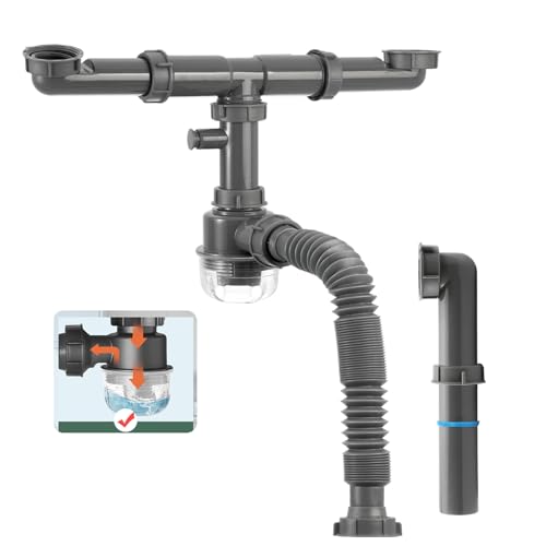QruiLanTu 1-1/2 inch Kitchen Sink Drain Kit, space-saving kitchen drain with P-trap and extendable flexible hose (gourd overflow preventer)