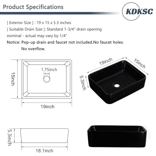 KDKSC Bathroom Vessel Sink 19"x15" Rectangular Matte Black Bathroom Sink by KDKSC - Used condition - Image 3