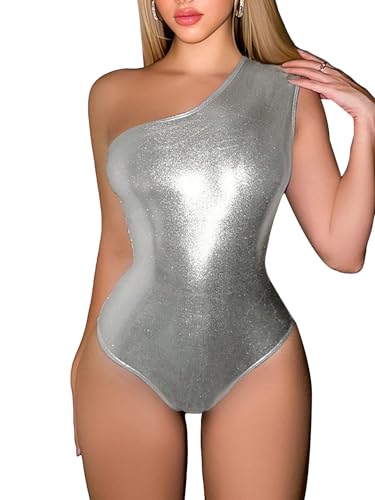 Floerns Women's Metallic Shiny One Shoulder Monokini One Piece Swimsuit