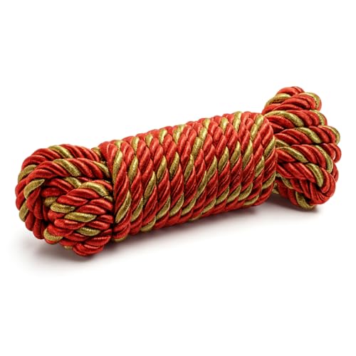 1 Pack 32ft 8mm Soft Silk Braided Rope Twisted Cord - Red with Gold Metallic