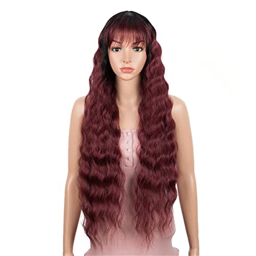 Perruque Vague Profonde Ombre pour Femmes Noires avec Frange Longue 34 Pouces