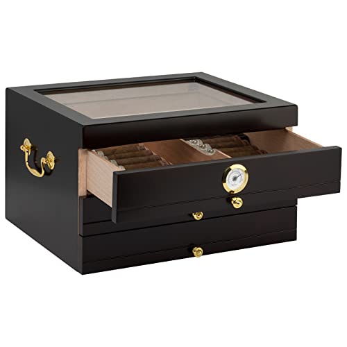 Palermo Desktop Humidor 3 Drawers, Lined With Premium Kiln-Dried Spanish Cedar, Tempered Top, Glass Hygrometer With Brass Ring, Holds Up To 150 Cigars, Brown #TOP2