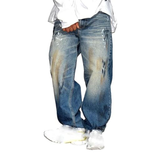 Men’S Vintage Hip Hop Graffiti Baggy Skateboard Denim Pants Slim Fit Full Length Button Fly Distressed Print Trousers