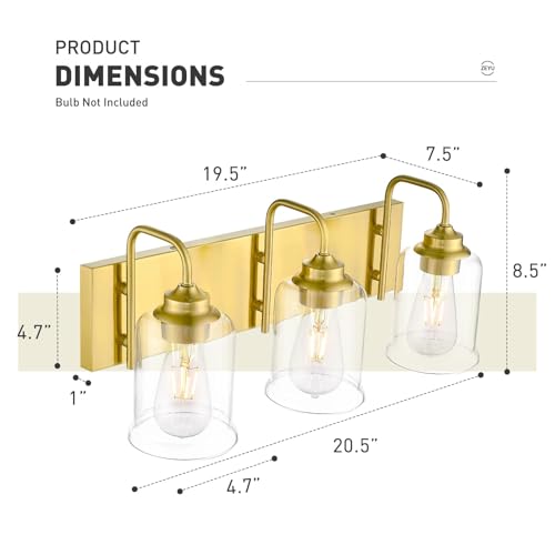 Image of zeyu 21 Inch Gold Bathroom Light Fixtures, 3 Light Bathroom Vanity Light, Modern Vanity Light with Clear Glass Shade, Brushed Gold Finish, ZSL72B-3W BG