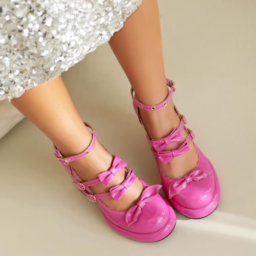 Alyaafifa Chunky High Heel Bow Pumps for Women Platform Round Toe Ankle Strap Mary Jane Patent Leather Dressy Shoes Stylish Cute Party Prom Wedding Club Ballroom2
