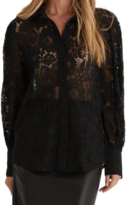 Women’s Sheer Lace Button Up Shirts Long Sleeve Floral Lace Blouse See Through Casual Formal Going Out Shirts