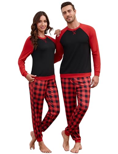 Frcdaunrs Christmas Pjs for Couple, Womens Red and Black Plaid Pajama Pants,Family Pajama Matching Sets, Two Piece Lounge Set