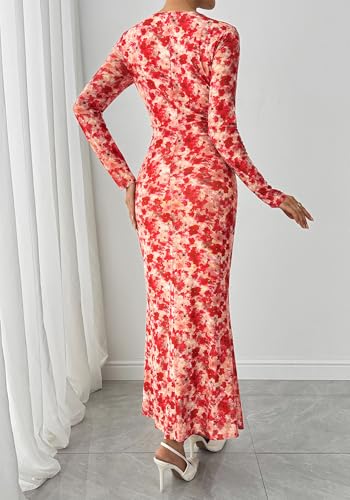 BTFBM Wedding Guest Dresses for Women Spring Fashion 2026 Bodycon Crew Neck Long Sleeve Boho Mesh Floral Maxi Fall Dress(Apricot Red Flower, XX-Large) — view 3