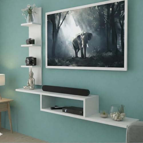 Image of Dual L Inverted Base Floating TV Cabinet | Best for Smart TVs up to 40 Inches | Engineered Wood | Space Saving Eco Design | Russian White
