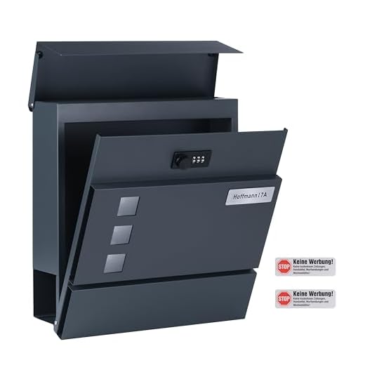 Zedelmaier Personalisiert Briefkasten mit Edelstahl Namensschild Wandbriefkasten mit Zahlenschloss Postkasten Briefkästen mit Zeitungsfach Mailbox Anthrazit personalisierbar 33 X 31 X 10 cm