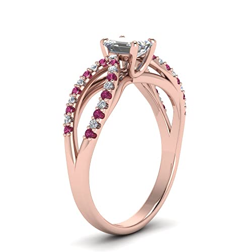 Image of 55Carat Choose Your Gemstone Reverse Pave Split Shank Diamond CZ Ring Rose Gold Plated Emerald Shape Split Shank Engagement Ring Minimal Modern Design Birthday Gift Wedding Gift US Size 4 to 12