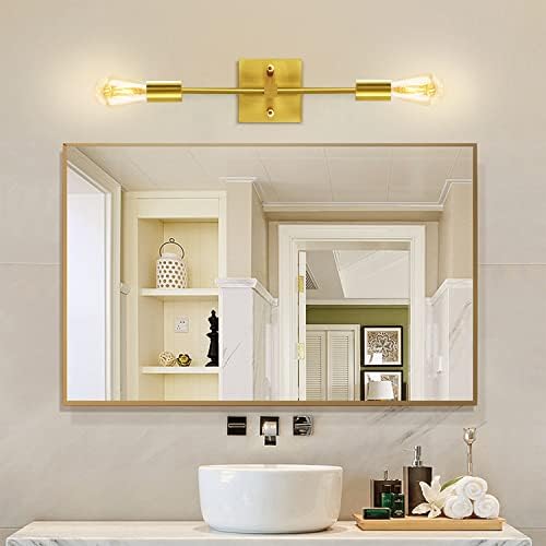 Brushed Brass Bathroom Wall Sconces, 2 Pack E27 Base Vanity Lights, Industrial 2 Light Wall Lighting Fixtures, Vintage Wall Lamp for Mirror Hallway Kitchen Bedroom, Square Lamp