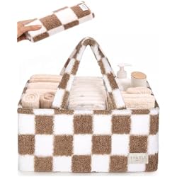 Baby Diaper Caddy Organizer with Waterproof Changing Pad, Checkered Taupe | Sherpa teddy fleece nursery storage basket, removable velcro dividers, wipeable interior, newborn shower gift, car and travel