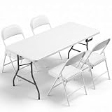 Portable 5-Piece Folding Table and Chairs Set for 4 – Heavy-Duty 5FT Foldable Plastic Table with Carrying Handle &4 PU Leather Padded Chairs,All-Weather Indoor Outdoor for Party Wedding Picnic Camping