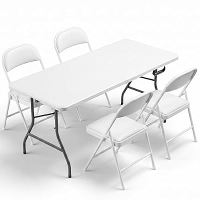 Portable 5-Piece Folding Table and Chairs Set for 4 – Heavy-Duty 5FT Foldable Plastic Table with Carrying Handle &4 PU Leather Padded Chairs,All-Weather Indoor Outdoor for Party Wedding Picnic Camping