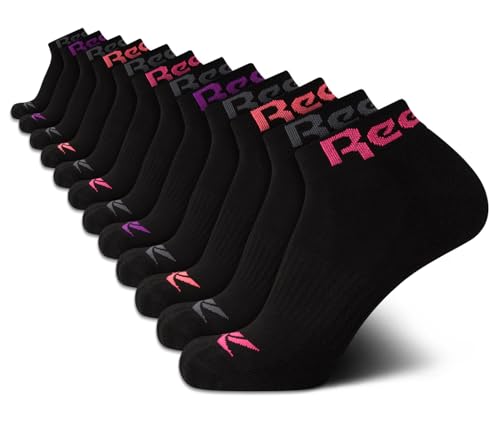 Image of Reebok Womens Quarter Socks Moisture Wicking Cushioned Ankle Socks, 12 Pack | Stretch Performance Fabric, Cushioned Heel & Toe, Secure Arch Support, Quarter Cut, Shoe Size 4-10