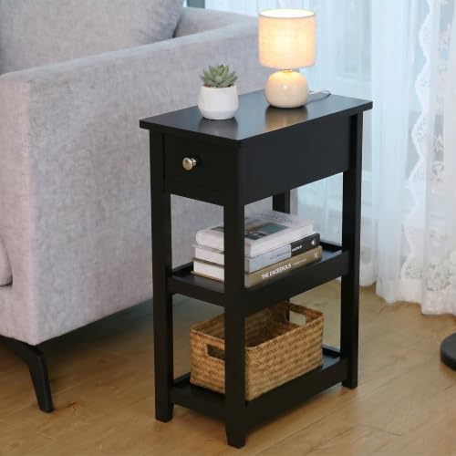 SEJOV Narrow Side Table, Small Black End Table with Drawer