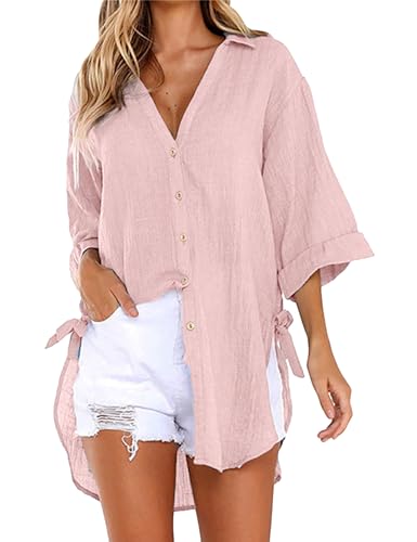 Image of Bozanly V Neck 3 /4 Sleeve Button Shirts Summer Beach Blouse Tops for Women