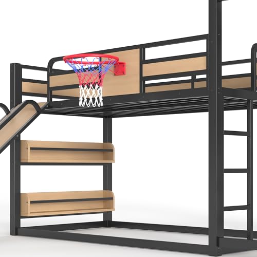 Image of Bellemave Bunk Bed Twin Over Twin with Slide, Basketball Hoop & Climbing Wall, Heavy Duty Metal Twin Bunk Beds for Kids with Guardrails, Low Bunk Bed for Bedrooms, No Box Spring Needed, Yellow