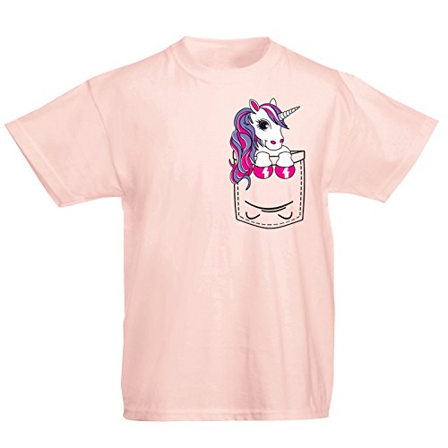 Youth Kids Childrens Pocket Unicorn Pony Mini Pet Cute Funny T-Shirt Pink 12-13 Years (XL)