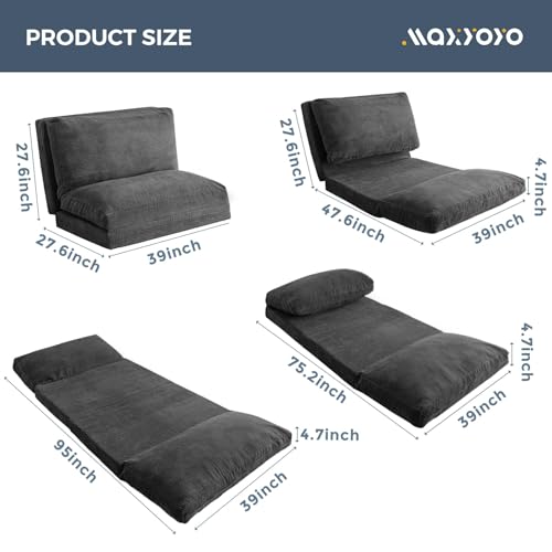Image of MAXYOYO Folding Sofa Bed, Extra Thick and Long Floor Sofa Convertible Chair with Washable Cover, Floor Couch Lounge Bean Bag Bed for Living Room, Dark Grey, 39x91 Inch