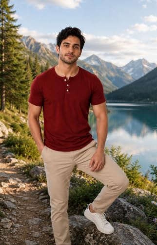 Image of London Hills T Shirt for Man | Men Henley Neck Tshirts | Tshirt Shirts Men | Gym T Shirts for Mens Workout T-Shirts for Man Cotton Stylish Henly Neck T Shirt Half Sleeve Regular Fit Solid Multicolour