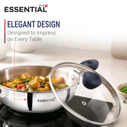 Image of Bergner Essential Plus Stainless Steel 5 Pcs Cookware Set - 22cm /2.5L Kadai with Lid, 22cm Frypan, 16cm /1.5L Saucepan with Lid, Sturdy Bakelite Handles, Even Heating, Thick Triply Bottom