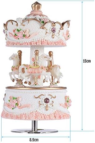 Andoer Laxury Windup 3-horse Carousel Music Box Artware/Gift Melody Castle in the Sky Pink/Purple/Blue/Gold Shade for Option (Pink)