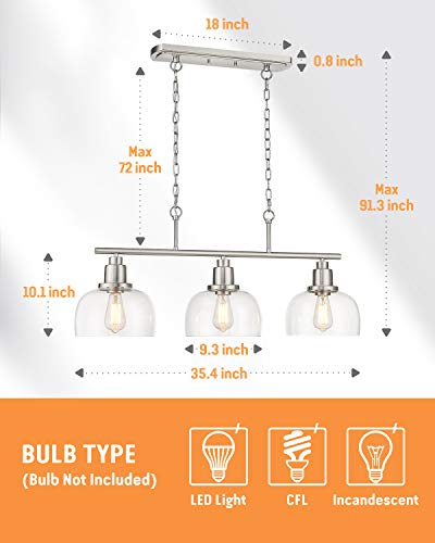 EAPUDUN 3-Light Kitchen Island Light, Farmhouse Pendant Lighting for Dining Room Pool Table Ceiling Light, Brushed Nickel Finish with Clear Glass, PDA1125-BNK - Image 6