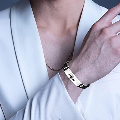 Personalised Mens Bracelet for Men Him Dad Boyfriend Husband, Leather Engraved Customised Name Bracelet Jewelry Gifts for Valentines Day, Birthday, Wedding, Anniversary, Father's Day, Christmas