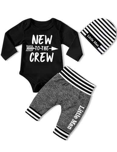 Image of CRISONE Newborn Baby Boy Clothes New To The Crew Letter Print Romper+Pants+Striped Hat 3pcs Infant Outfits Set
