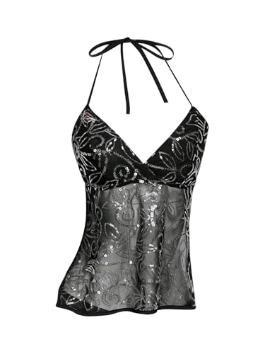 Image of GORGLITTER Women's Sequin Sparkly Halter Neck Top Sheer Mesh Tie Backless Clubbing Outfits for Women Black Large