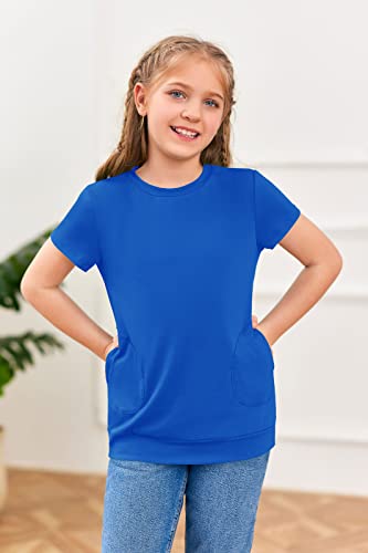 Haloumoning Girls Casual Short Sleeve T Shirts Color Block Tee Blouse Kids Loose Tunic Tops With Pockets Size 4-15 B-Blue #TOP2
