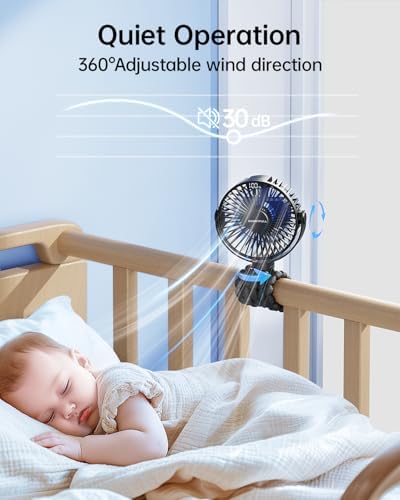 SWEETFULL [2026 Upgrade Portable Stroller Fan with LED Display, 4 Speed Rechargeable Mini Clip On Fan, 360° Rotate Flexible Tripod Better Cooling Small Baby Fan for Car Seat Crib Travel Treadmill - 4