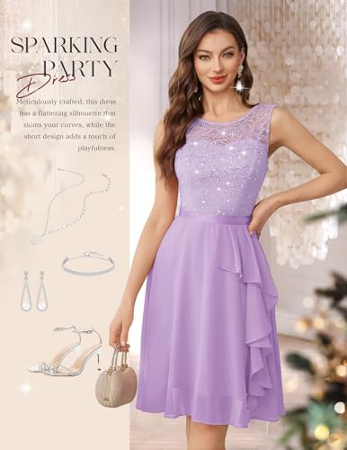 Image of BeryLove Womens Boat Neck A Line Sleeveless Lace Formal Homecoming Dress | Short Dress With Ruffle Hem, Sparkly Design Ideal For Wedding Guest,Bridesmaid Cocktail Prom & Evening Party Events