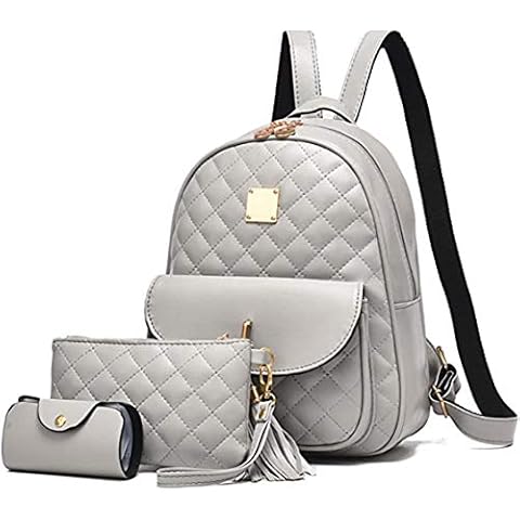 3-Pieces Women Fashion Backpacks Cute Small Teen Girls School Bag PU Leather Waterproof Travel Backpack Purse- Grey Cover